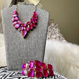 Hot Pink Fuchsia Bold Large Rhinestones Statement Bib Necklace And Bracelet Set